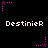 Pixelated text 'Destinier' repeated three times across two on black background, surrounded by pink and purple star-shaped pixel clusters with dotted lines