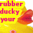 Yellow rubber duck with orange beak and feet, pink eyes, red text on yellow backgrounds in four