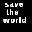 Pixelated text and two planetary icons on black background: "save the world" above Earth, "or live on mars" below Mars.