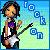 Pixelated image of a person with short dark hair playing an electric guitar, surrounded by blue spiral symbols on a gradient background.