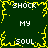 Green background with yellow pixelated border and central cross, white text reading SHOCK MY SOUL SHOCK repeated in four quadrants.