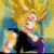 Animated character with spiky yellow hair in black and purple outfit, performing dynamic pose against blue-green background.