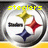 Two side-by-side circular icons with Steelers logo, yellow text above each icon, yellow background at bottom.