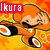 Animated orange cartoon character with round ears and black mustache saluting against fiery background, text 'Ikura' in red box top-left.