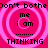 Pixelated pink background with four identical circular patterns containing text, each pattern showing 'me i am' above a dotted line and 'THINKING' below.
