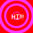 Four identical circular icons with pink concentric rings on a red background, each displaying 'HI!!!' in white text.