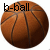 A pixelated basketball with visible seams and brown-orange coloration, overlaid by black text reading 'b-ball' in a blocky font.