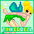 Pixel art animation of a blonde fairy character in green outfit holding yellow wand, displayed across three frames on light green background with white sparkles and "TINKERBELL" text banner.