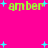 Bright pink background with four instances of the word 'amber' in green pixelated text and scattered cyan plus signs.
