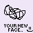 Pixelated with abstract shapes and text 'YOUR NEW FACE..' in black/pink, showing animation changes across frames