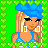 Pixel art of a female character with blonde hair and blue accessories, displayed alongside clothing items on a green heart-patterned background.