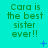 Green text on cyan background reads "Cara is the best sister ever!!" with small blue symbols scattered around.