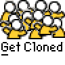 Animated contact sheet showing two frames of a pixel art buddy icon with yellow stick figures and text elements on gray background.