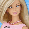 Barbie doll with blonde hair, blue eyes, pink top, and pearl necklace appears in a of six with changing text overlays