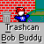 Pixel art of a character in blue with a white cross, red hat, and white face against a red brick wall with a trash can and teal structure, below text reading Trashcan Bob Buddy
