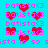 Pixelated cyan background with repeated pink text and red heart symbols in various sizes and positions.