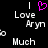 Pixelated text reads "I Love Aryn Much" with a pink heart symbol replacing the word 'love' in one view, all on black background.