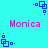 Pixelated blue geometric shapes and pink text 'Monica' on a cyan background with repeated patterns.