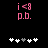Pixelated pink text 'i<8 p.b.' above white and gray plus signs on black background, with animation changing plus sign positions.