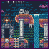 Pixel art scene with blue brick walls, stone pillars topped by skulls and bones, a torch on the left, purple vines, and icicles hanging from structures.