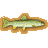 Pixelated fish icon with greenish body, brown stripes, yellow fins, and orange border on gray background.