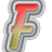A 48x48 pixel buddy icon featuring a stylized letter F with gradient coloring and layered outlines, displayed alongside scattered gray text fragments on a transparent background.