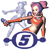 Pixelated static image of a female character with pink and blue hair in an orange outfit, holding a microphone, standing on a circular logo with the number 5.