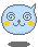 Pixelated light blue cat head with spiral eyes, yellow cheeks, and a small triangular ear on top.