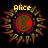 A circular pixel-art icon with a sunburst pattern, displaying text above the circle that changes across frames.
