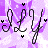 Pixelated icon with stylized black text on a purple gradient background, featuring small heart symbols at four corners.