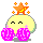 Pixelated character with closed eyes, yellow body, orange star on head, and pink pom-poms in front of face.