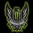 Pixelated green and silver icon with symmetrical curved shapes resembling ears or horns framing a central rectangular grid pattern on black background.