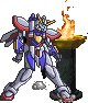 Pixelated mecha robot in silver, blue, and red armor stands beside a black pillar with golden basin holding orange flames.