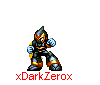 Pixel art character in dark armor with orange accents, yellow cape, and glowing blue eyes; four static poses on gray background.