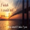 Sunset over water with a bridge silhouette, text reading "I wish I could tell you... how much I miss I you" in stylized fonts.