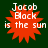 Four identical pixelated red starburst shapes with white text reading "Jacob Block is the sun" on a dark green background.