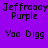 Pixelated text displays 'Jeffraay Purple' and 'Yoo Digg' on alternating purple and white backgrounds with visible pixelation.