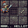 Pixel art character with red hat and sword stands on rocky terrain, grid map cell, bone object, and text reading MMM. HELLO? at bottom.