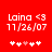 Red background displays white text 'Laina <3 11/26/07' with five heart symbols below, where the third heart changes from pink to white between frames.