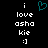 A static pixel art image with white text on black background, featuring 'i love asha kie :]' and a teal heart symbol above the text.