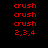 Red pixelated text 'crush' repeated three times above 'z,3,4' on four distinct background colors.