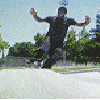 A sequence of showing a person performing skateboard tricks in mid-air against a park background with trees and clear sky