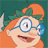 Pixelated cartoon character with orange hair, blue glasses, and a green headband, smiling against a teal background.