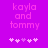 Purple background with pink pixelated text 'kayla and tommy' above five white/pink heart icons, showing animation where the third heart shifts from light purple to white.
