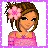 Pixelated cartoon woman with brown hair and pink flower accessory in top-left frame, blue text boxes on right and bottom frames of a 2x2 contact sheet showing animated icon frames.