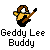 Pixelated character with brown hair and yellow face holding a brown guitar, below text reading 'Geddy Lee Buddy' on gray background.