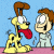 Pixelated cartoon image of Garfield and Jon from the comic strip, split into two sections with a blue background on left and green text on right.