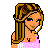 Pixel art contact sheet showing multiple frames of a female character in pink attire with text elements, arranged in a 3x3 grid on white background.
