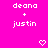Pixelated text displays 'deana + justin' on a bright pink background with two white heart symbols below.