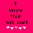 A bright pink background displays black pixelated text reading "I know this will last" above five white and pink heart icons, with the third heart changing color between frames.